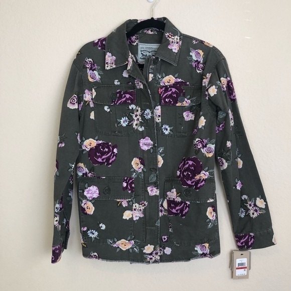 New Levi’s Floral Cotton Zip and Button Utility Jacket in Army Green - Picture 1 of 11